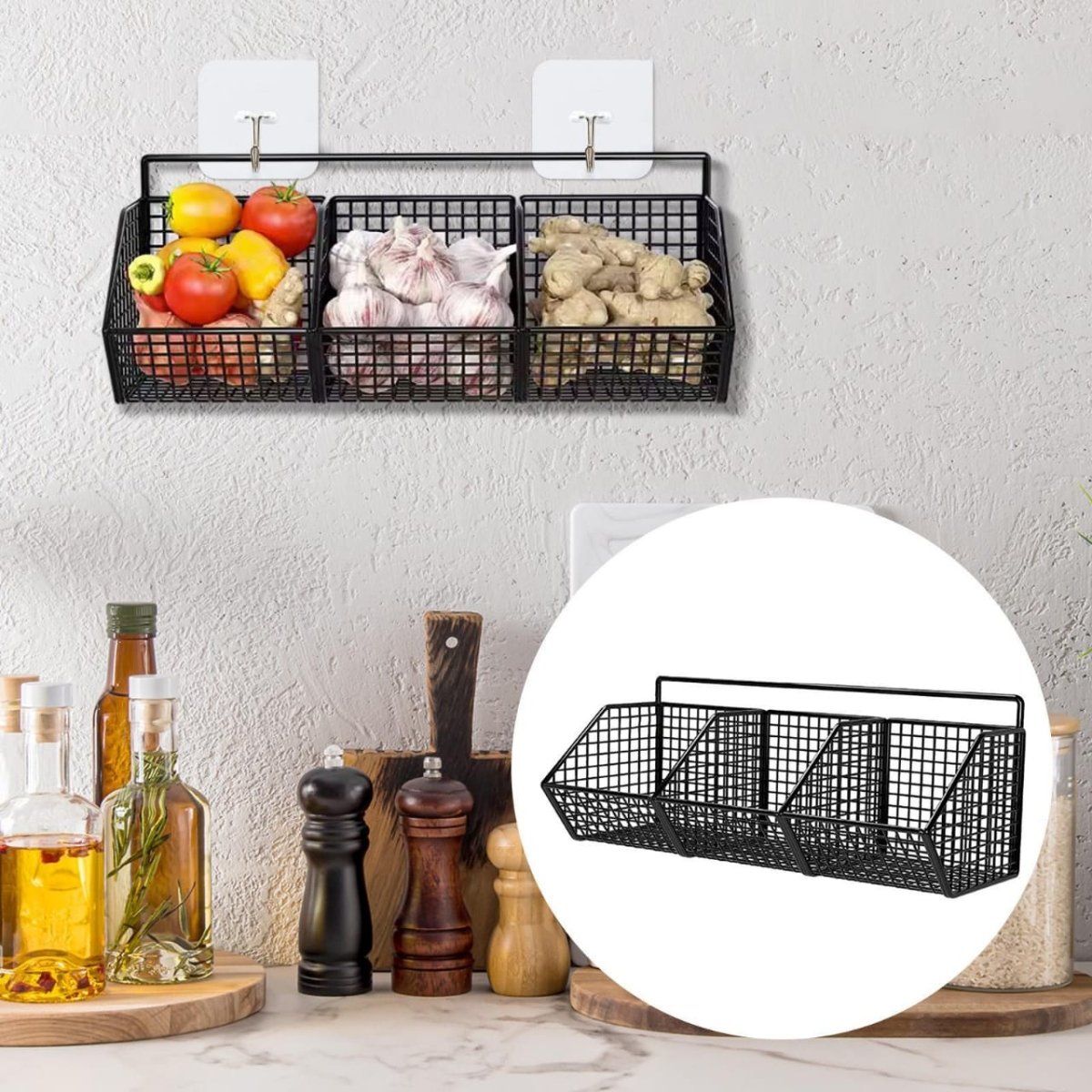 3 Grids Wall Mounted Metal Wire Storage Basket