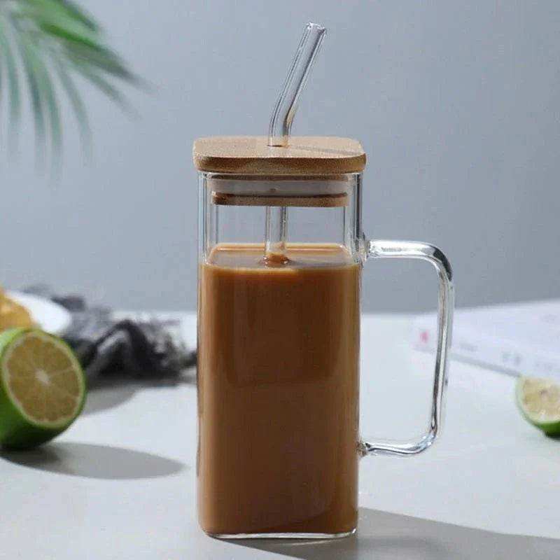 400ml Square Glass Mug With Handle, Straw & Wooden Lid - Kitchen Grow