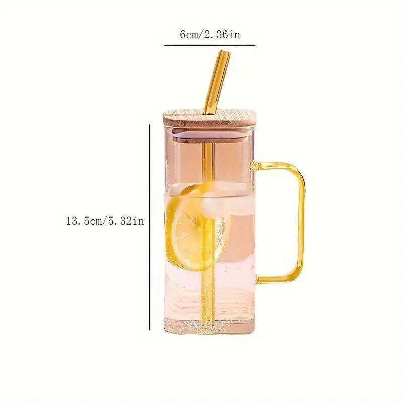 400ml Square Glass Mug With Handle, Straw & Wooden Lid - Kitchen Grow