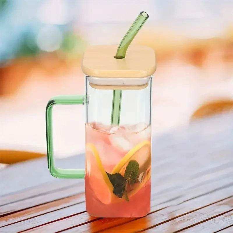 400ml Square Glass Mug With Handle, Straw & Wooden Lid - Kitchen Grow