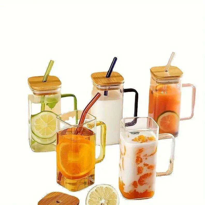400ml Square Glass Mug With Handle, Straw & Wooden Lid - Kitchen Grow