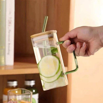 400ml Square Glass Mug With Handle, Straw & Wooden Lid - Kitchen Grow