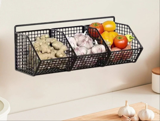 3 Grids Wall Mounted Metal Wire Storage Basket