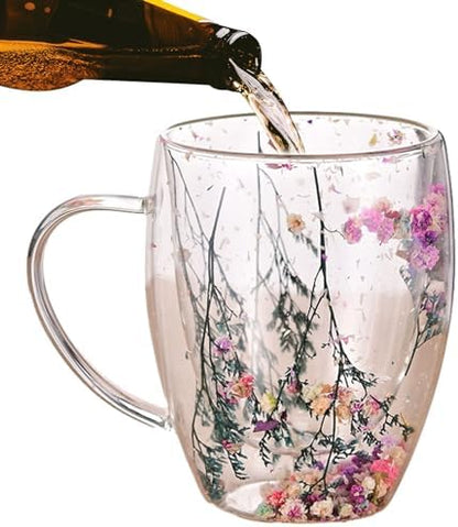 Double Wall Glass Mug with Dry Flowers