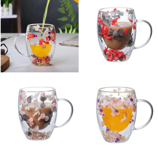 Double Wall Glass Mug with Dry Flowers
